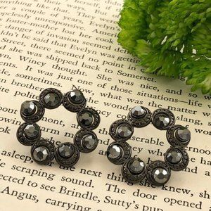 🍀 Dark Gun Metal Grey Hematite Rhinestone Open Circle Stud Earrings